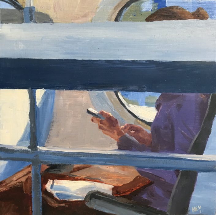 Seen #34 oil on panel looking at your phone on a commuter train