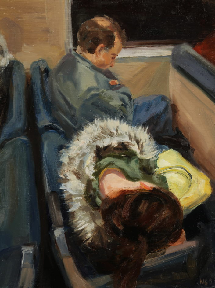 Bedfellows is a contemporary oil painting depicting two strangers asleep next to each other on a public train by Ned Axthelm