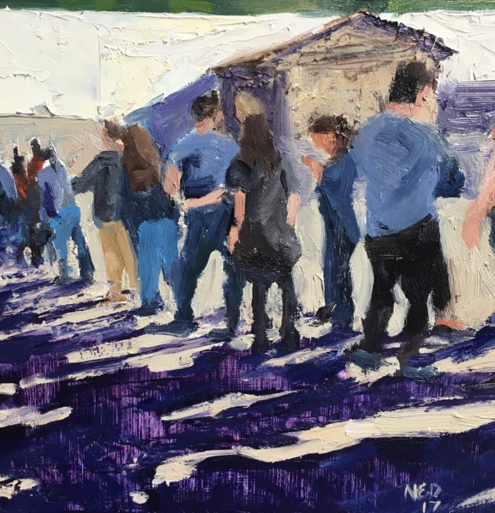 Seen #22 is a contemporary oil painting of a line of people waiting by ned axthelm
