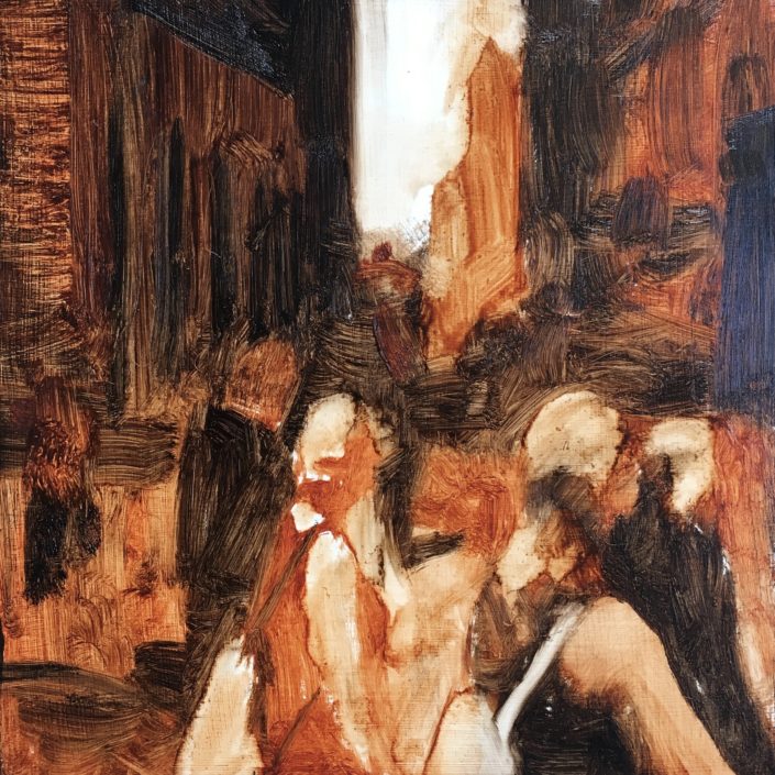 Seen #2 oil on panel looking down the crowded street in New York City