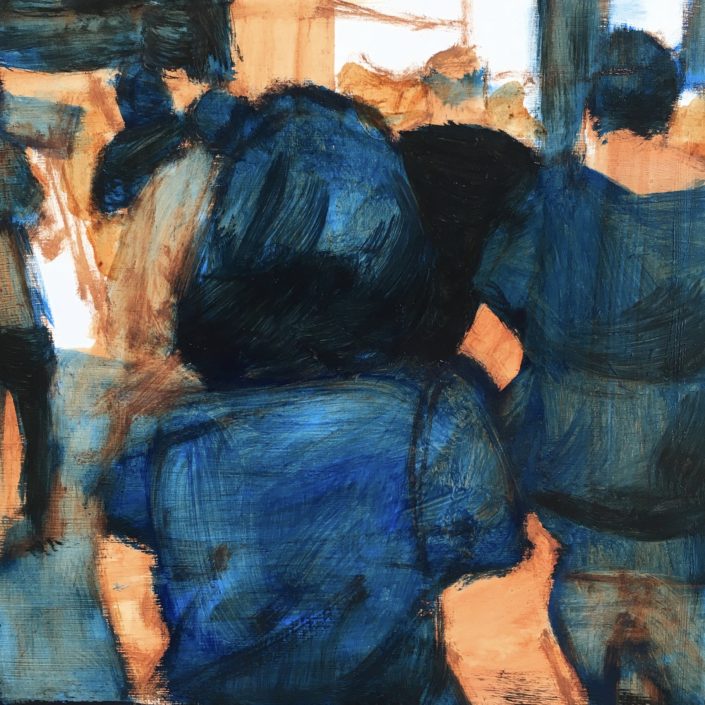 Seen #4 oil on panel two color study of a crowd
