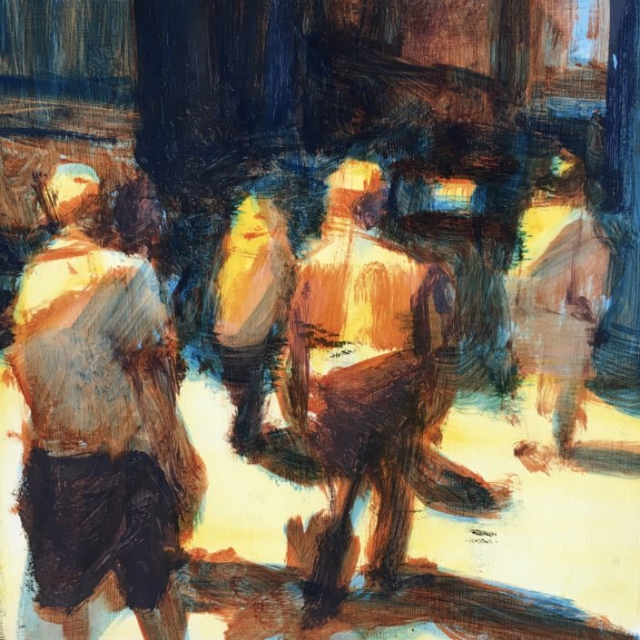 Seen #5 oil on panel red yellow blue transparency crowd