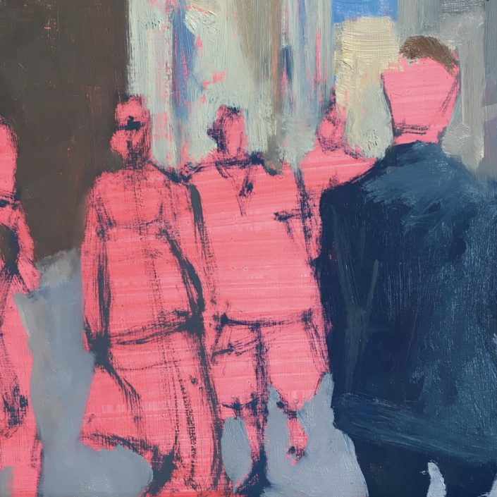 Seen #9 oil on panel a crowd walking down the street as pink shapes