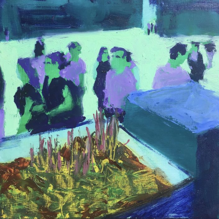 Seen #10 is a contemporary oil painting of a crowd on the street, painted in greens by Ned Axthelm