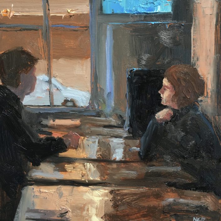 Seen #11 is a contemporary oil painting of a couple in a cafe by Ned Axthelm