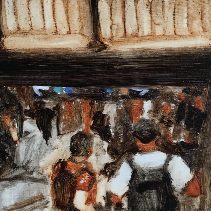 Seen #18 is a contemporary oil painting of a crowded New York City train platform as you walk down the stairs by Ned Axthelm