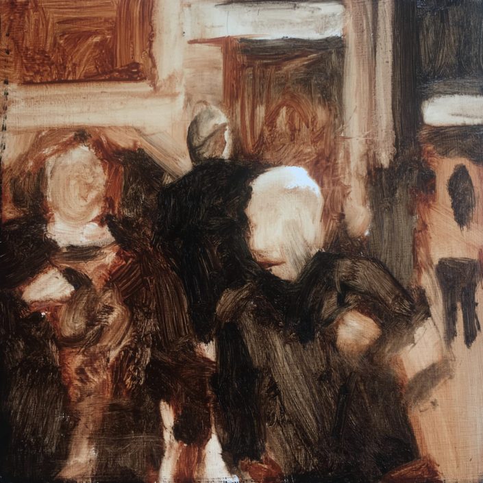 Seen #20 is a contemporary oil painting of a couple walking home through a crowd by Ned Axthelm
