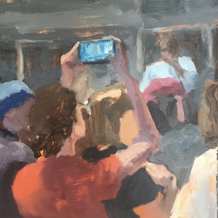 Seen #21 is a contemporary oil painting of a woman taking a picture with her phone in a crowd by Ned Axthelm