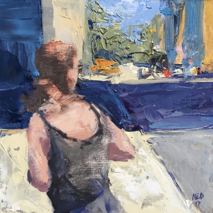 Seen #23 is a contemporary oil painting of a woman looking down a street towards a busy intersection by ned axthelm