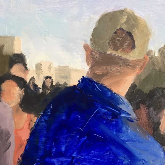 Seen #24 is a contemporary oil painting of a man from behind in a crowd with blue shirt and green baseball cap by ned axthelm