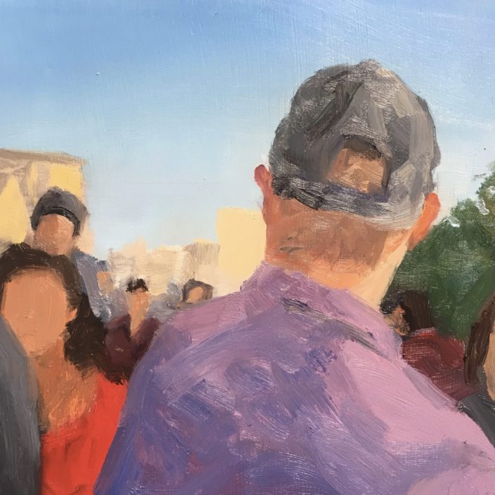 Seen #26 is a contemporary oil painting of a man from behind with a purple shirt and baseball cap in crowd by ned axthelm