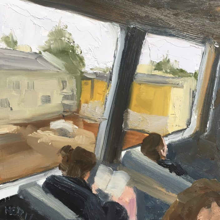 Seen #28 is a contemporary oil painting of a art woman reading on a Bart train with buildings out the window by ned axthelm