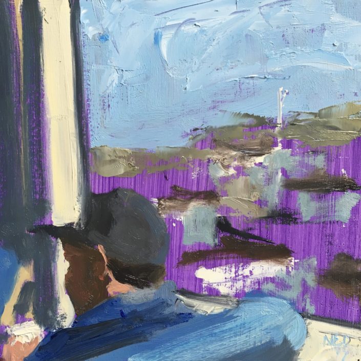 Seen #29 is a contemporary oil painting of a man on a Bart train as it passes purple hills filled with houses by ned axthelm