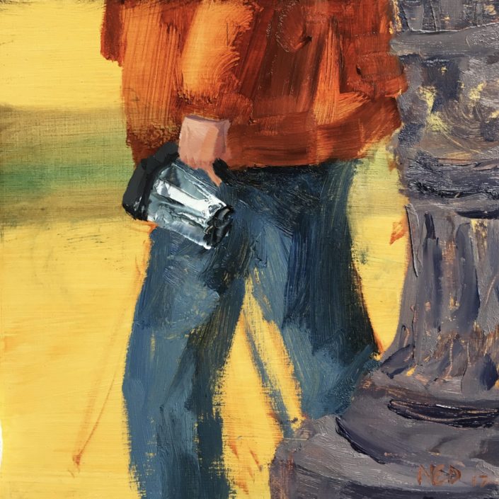 Seen #30 is a contemporary oil painting of a person walking zombie-like carrying a travel mug by ned axthelm