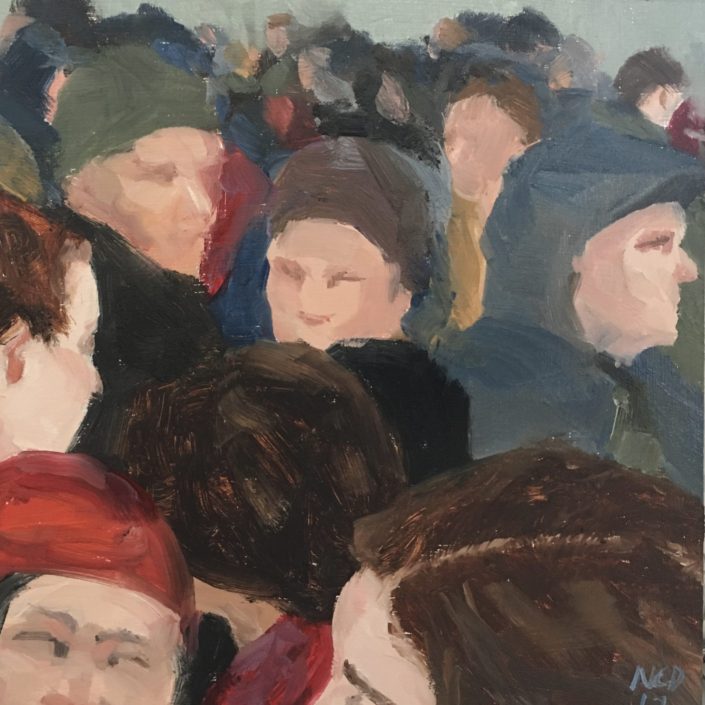 Seen #49 is a contemporary oil painting of a crowd of people going different directions by ned axthelm