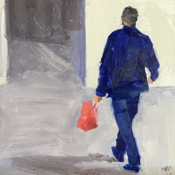 Seen #50 is a contemporary oil painting of a man walking home after a shopping trip, carrying a red bag. fifty people watching paintings in fifty days by ned axthelm